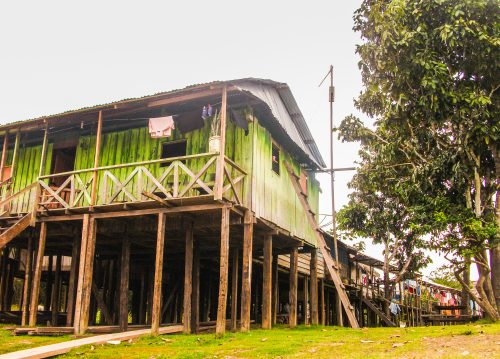 A house on stilts in the Amazon jungle.