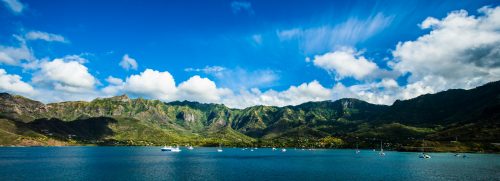 Cargo cruise ship Aranui sailing around the Marquesas Islands, the world's most remote archipelago