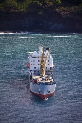 Aranui cargo cruise ship at sea around the remote Marquesas Islands in French Polynesia