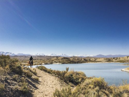 a horse can be seen on the edge of the lake in Kyrgyzstan