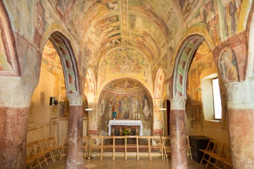 Internal shot showing Church of the Holy Trinity, which contains famos late-medieval Dance of Death fresco. Slovenia, Europe.