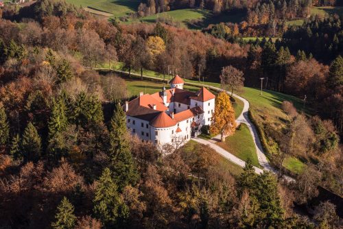 Bogenšperk Castle in Slovenia, as viewed from an aerial perspective