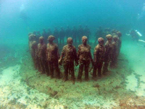 One of the pieces in the underwater sculptural piece known as Vicissitudes by British artist Jason deCaires Taylor.