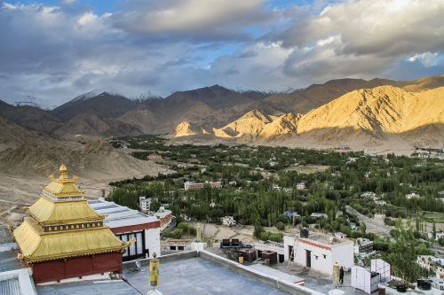 A temple looks down over the city of Leh in the Himalayas.
