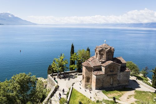 Ohrid Church of Saint John at Kaneo overlooks the ocean in Macedonia