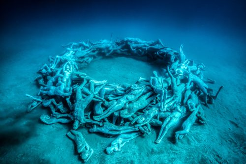 One of the pieces (The human gyre) in the underwater sculptural piece known as Vicissitudes by British artist Jason deCaires Taylor.