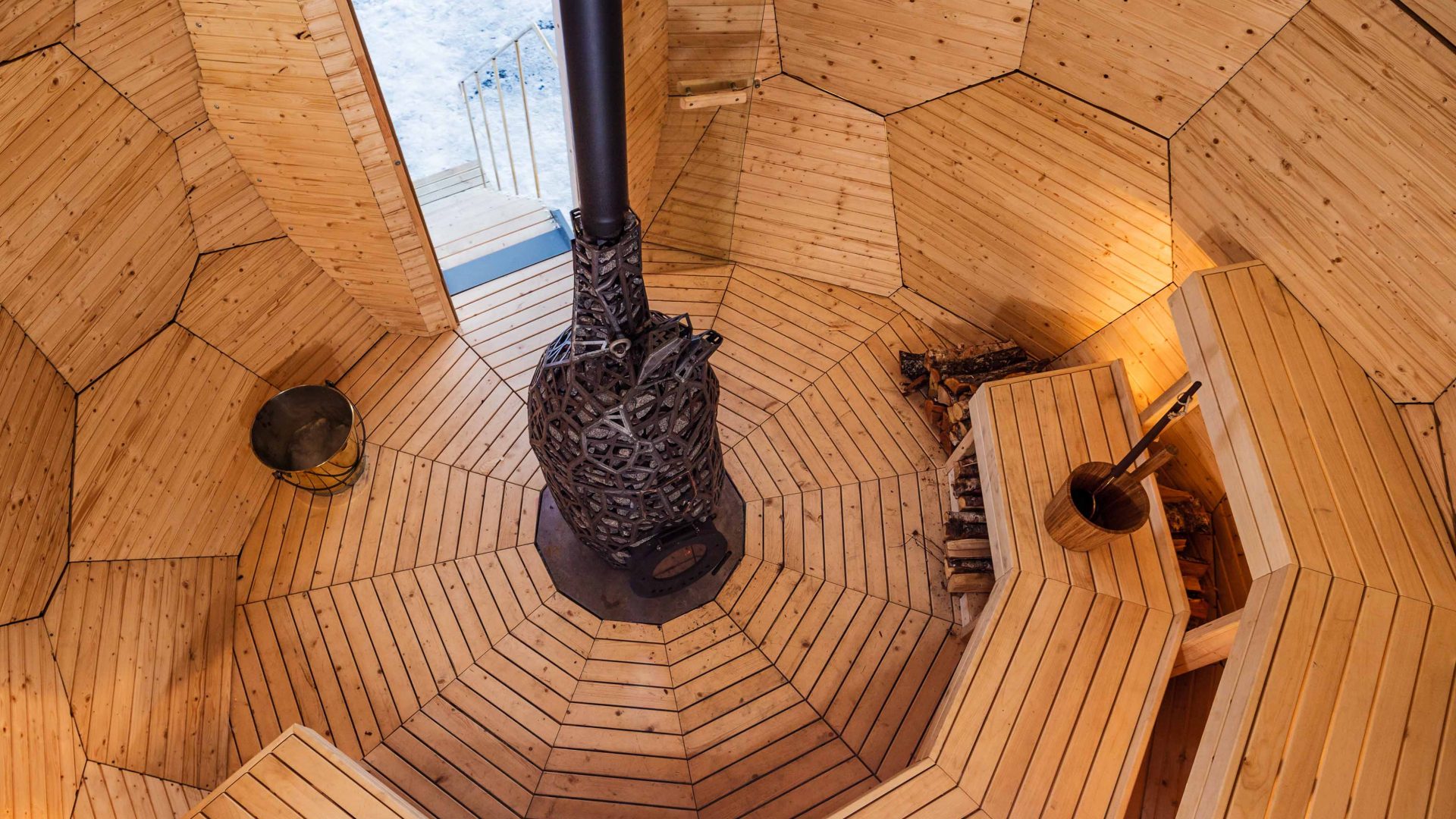 The interior of the solar golden egg sauna.
