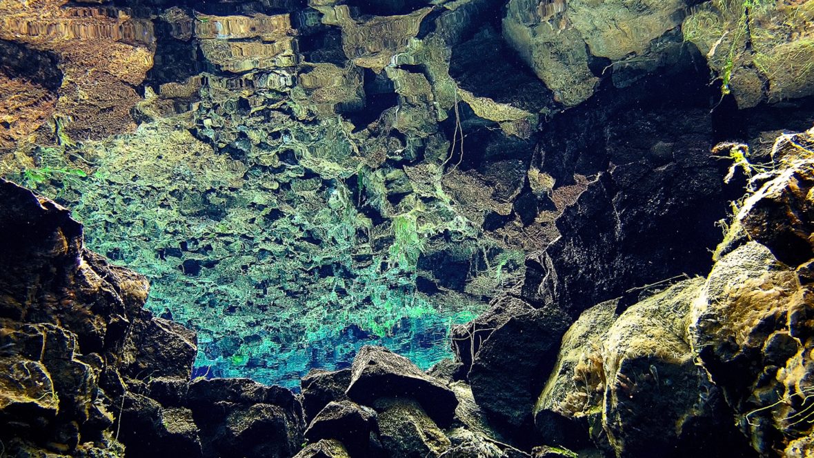 The astonishing clarity of the water in Iceland's Silfra fissure, a gap between two tectonic plates.