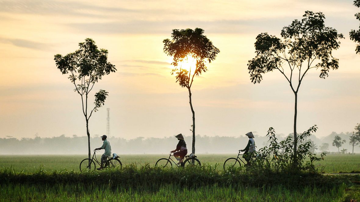 Local villagers cycle through Kebumen on the island of Java, Indonesia.