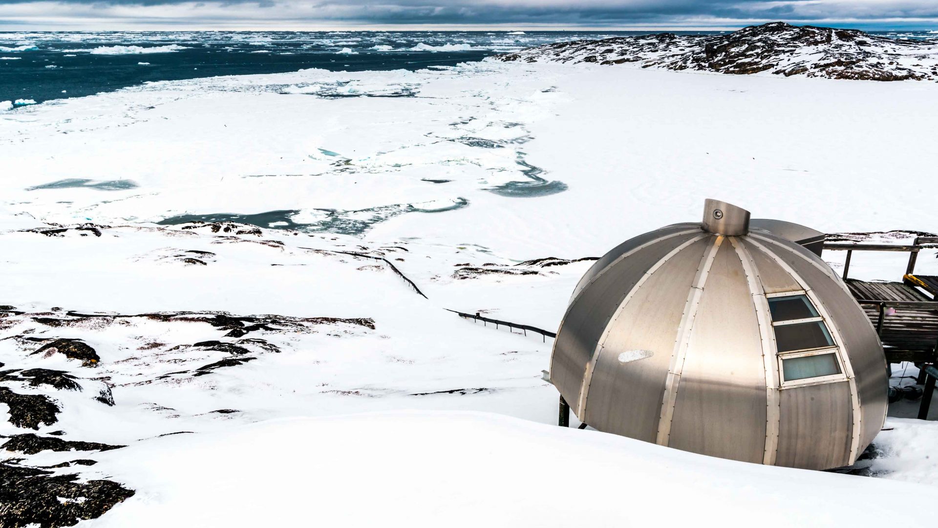 Metal igloos can be viewed from the observation deck of the Hotel Arctic in Ilulissat, Greenland..