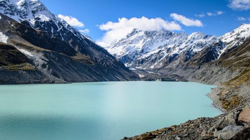 A sweeping view of Hooker Lake at Aoraki Mount Cook National Park, New Zealand.