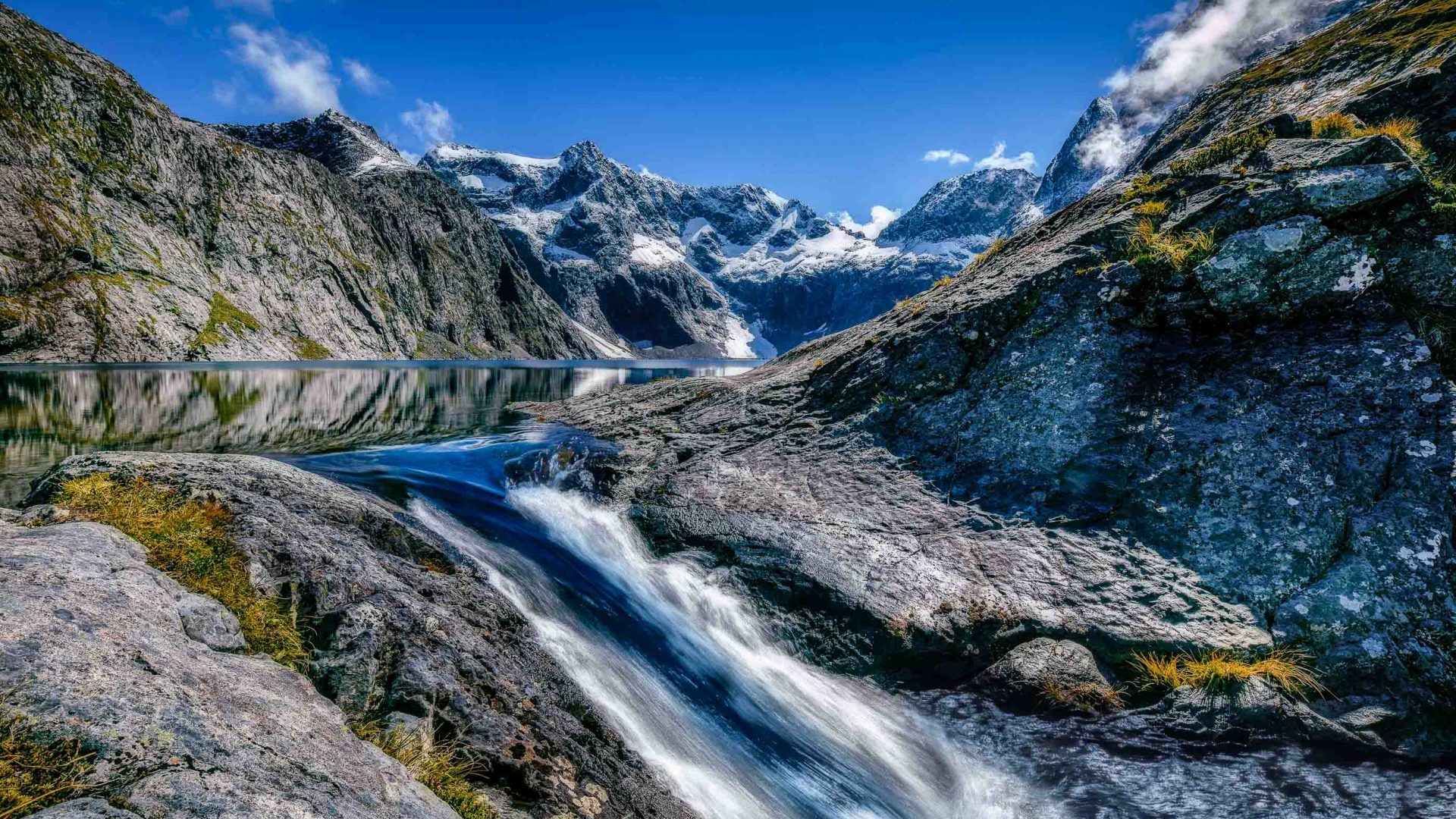 A river flows through Fiordland National Park, New Zealand.