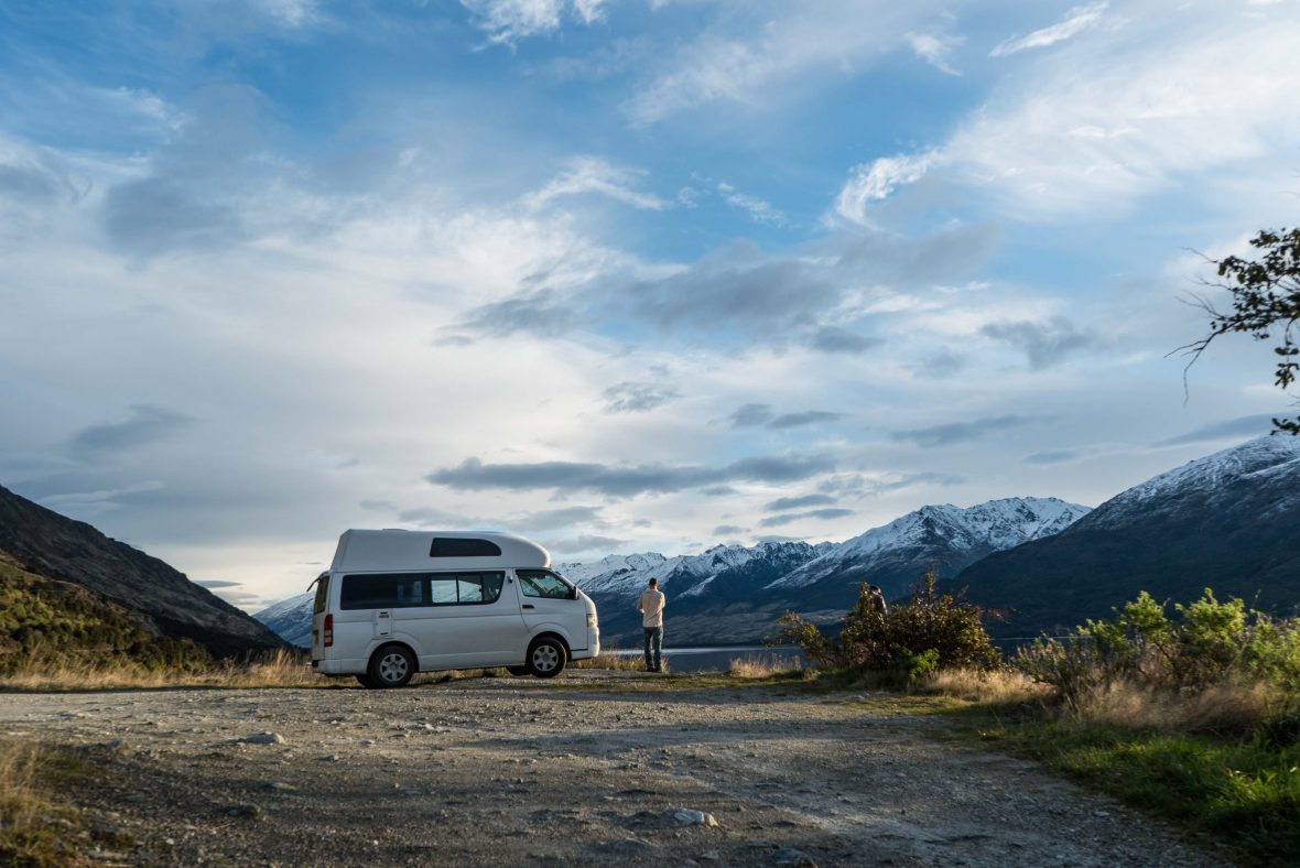 A campervan at Lake Wanaka, New Zealand.