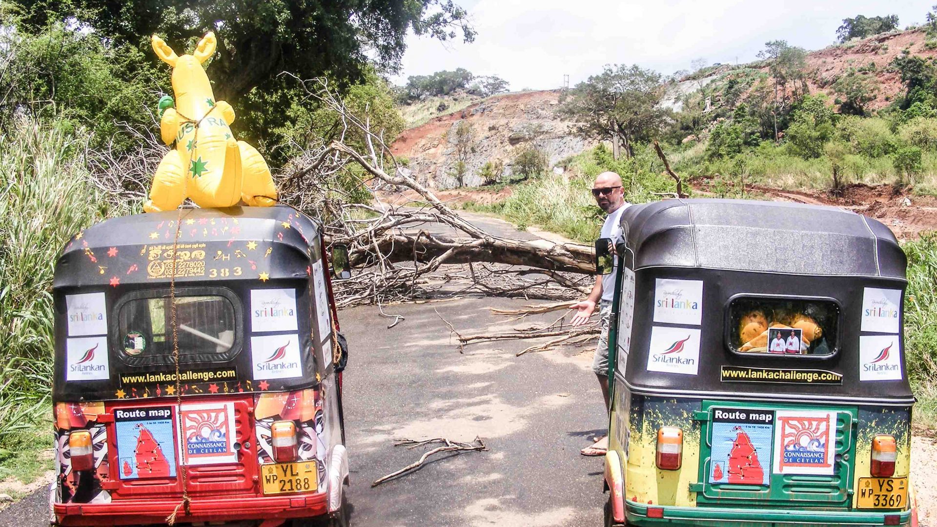 A tree blocks the route on the Lanka Challenge.