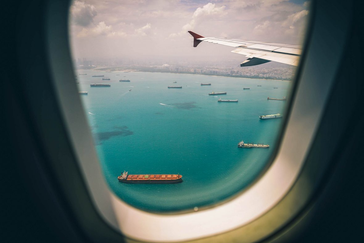 A view of the water from an airplane window.