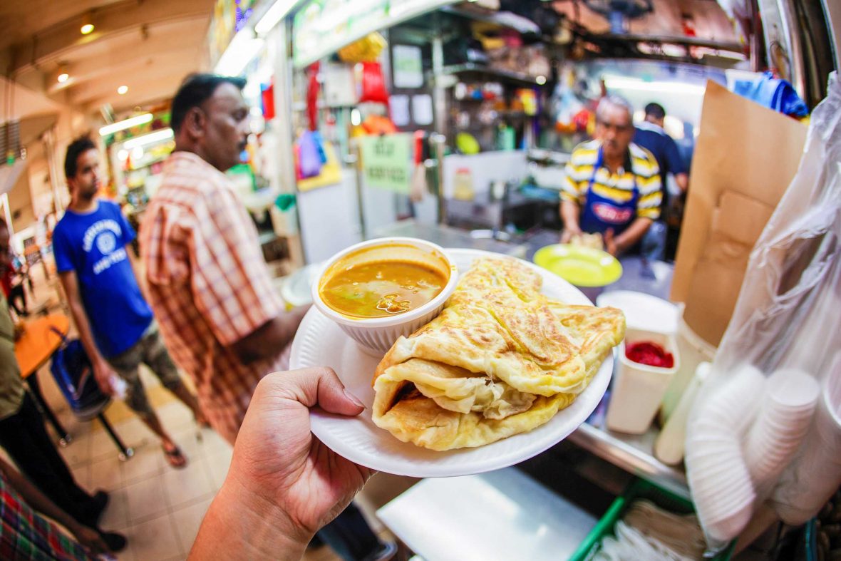 Tekka Centre in Singapore's Little India where hawkers sell tasty Indian food such as this 'roti prata' flatbread.