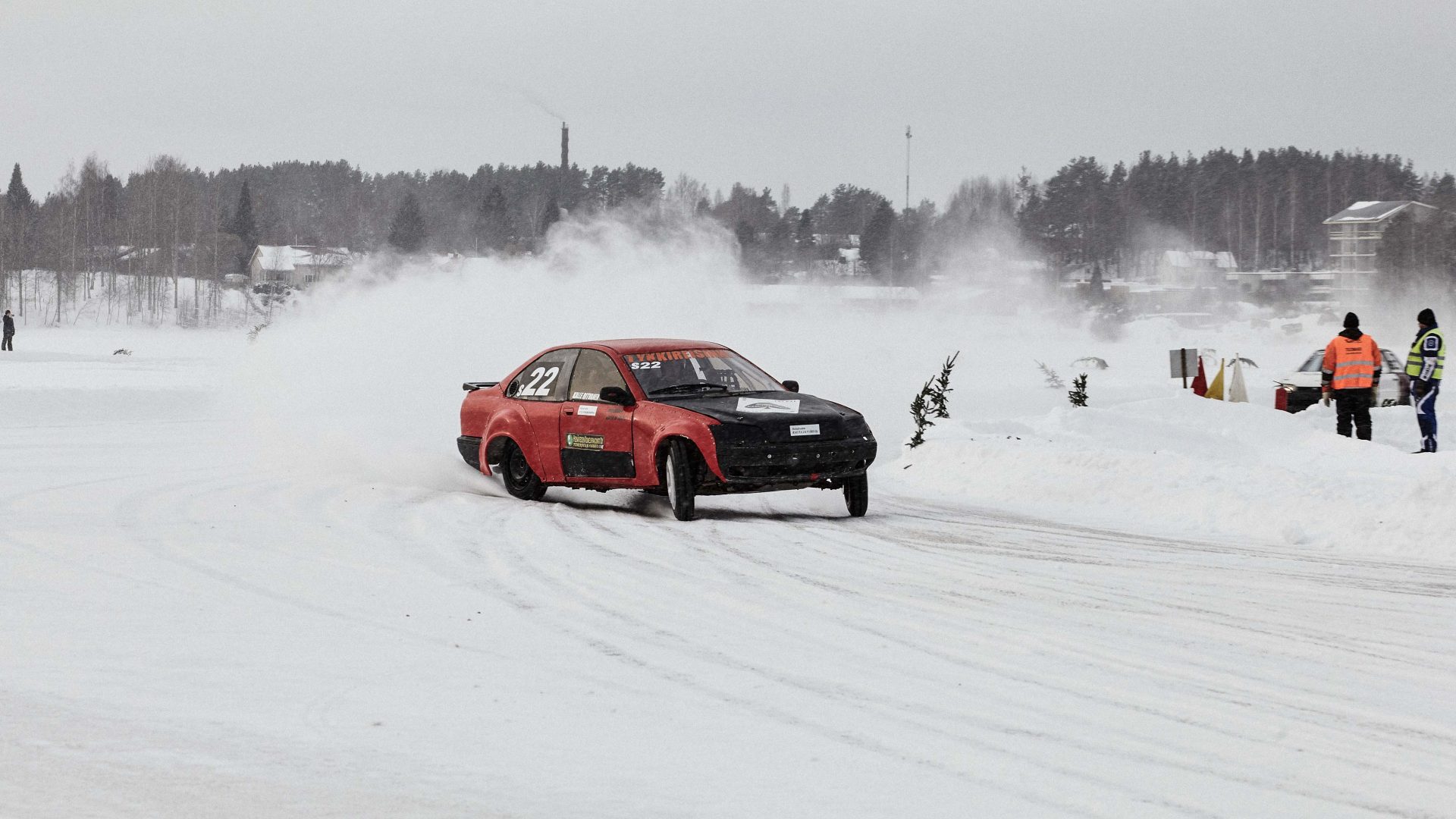 Rokkiralli racers fling their bargain-bucket racing machines around a frozen lake in Saarijärvi, central Finland.