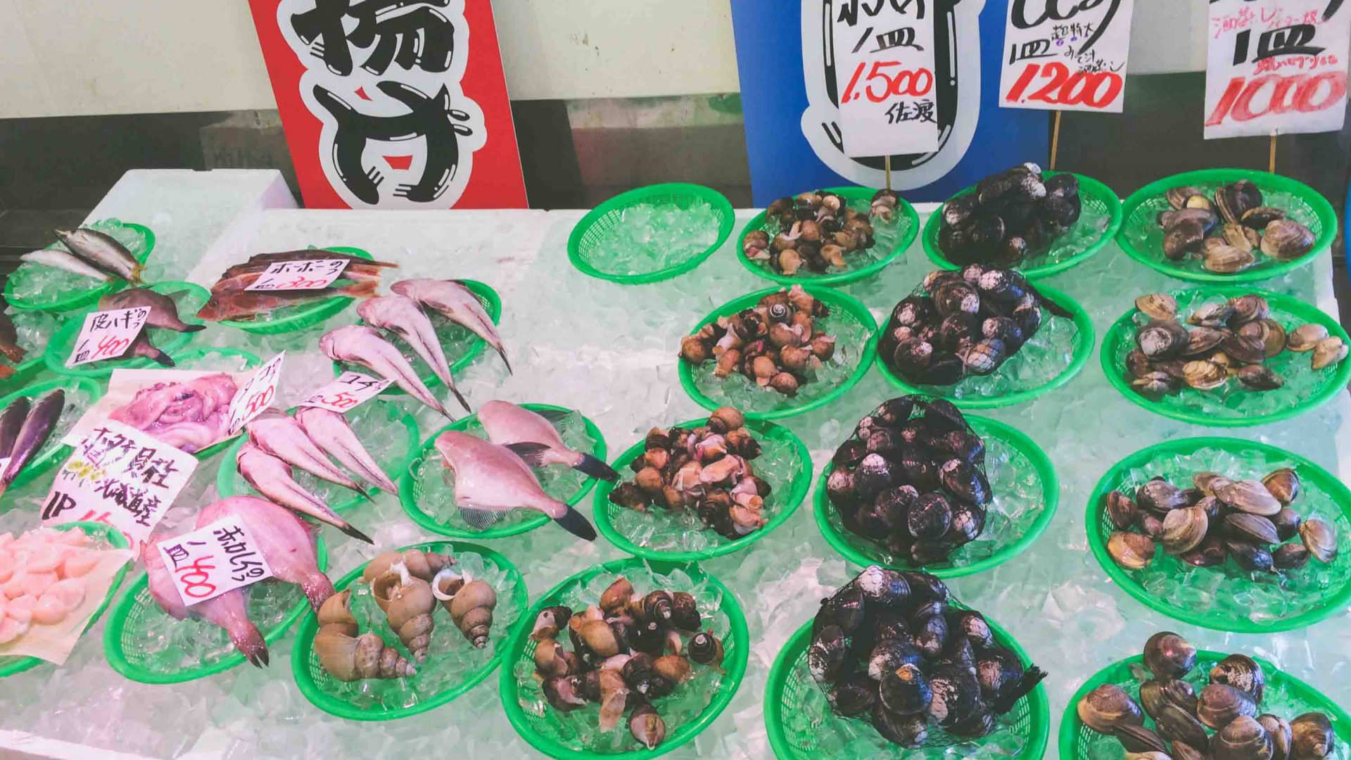 Shellfish for sale at the Marine Dream Nou fish market in Niigata, Japan.