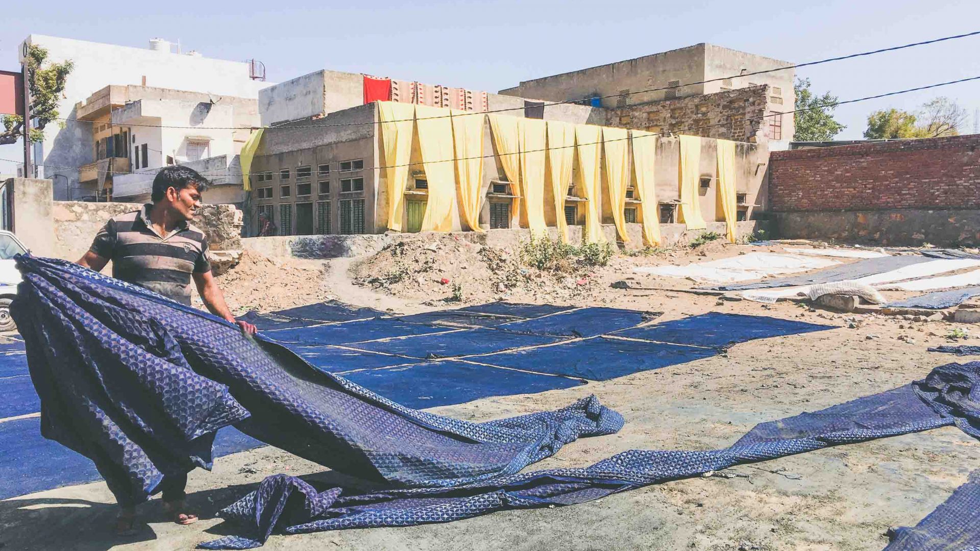 A man lays out textiles dyed in indigo in Bagru's drying fields, Rajasthan, India.