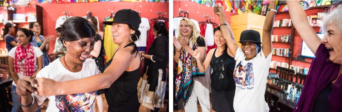 Travelers have an impromptu dance with staff at Sheroes Hangout in Agra, India.