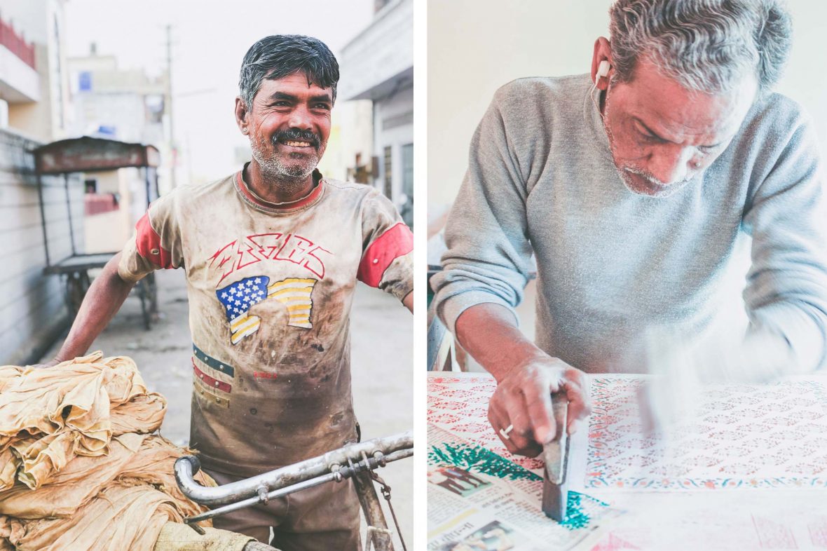 Left: Babu Lal Dhobi, a Bagru washer carries textiles on his bicycle; Right: A carver working inside Rajasthan's Anokhi Museum of Hand Printing.