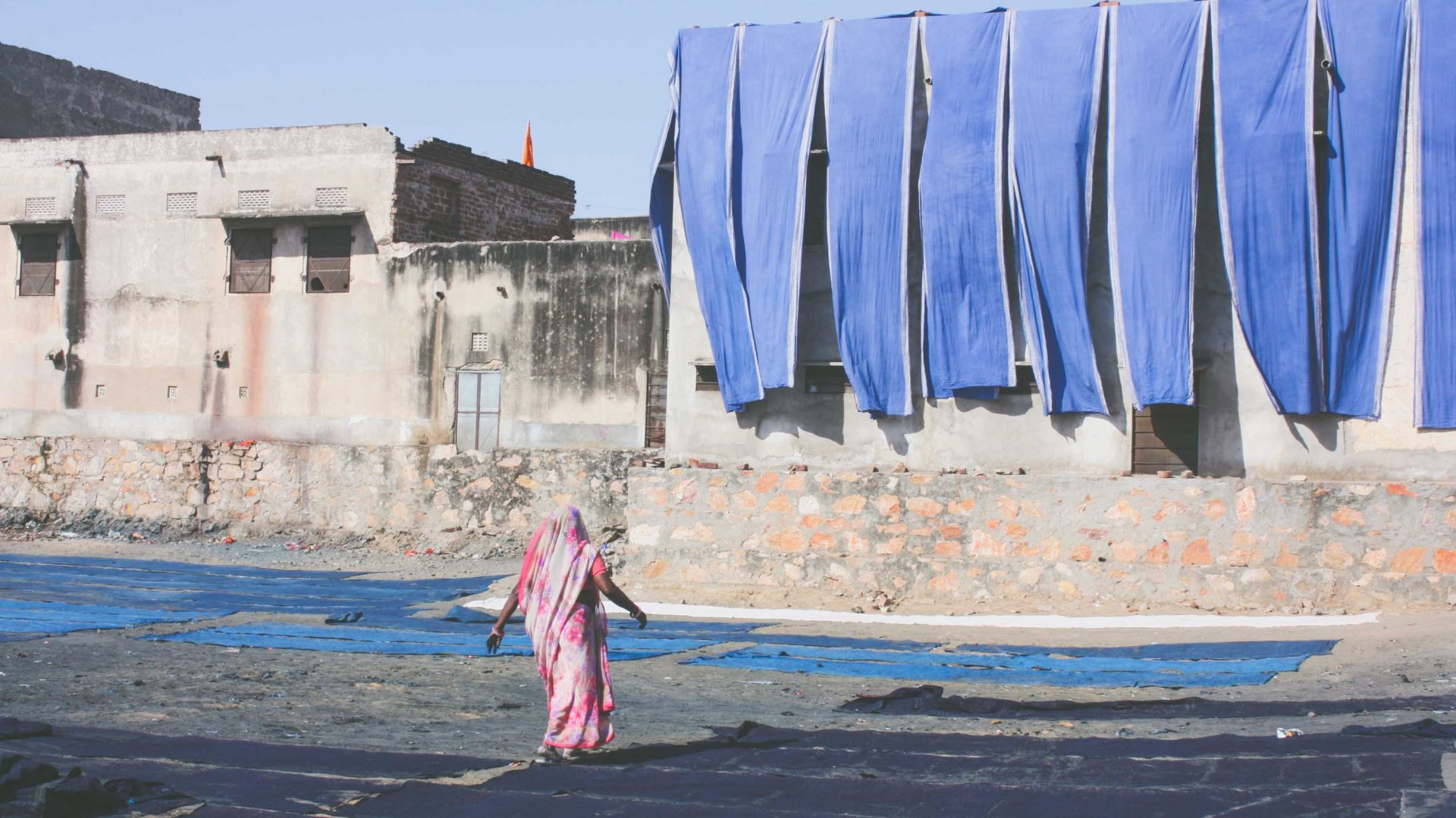 Textiles out to dry in Bagru's drying fields in Rajasthan, India.