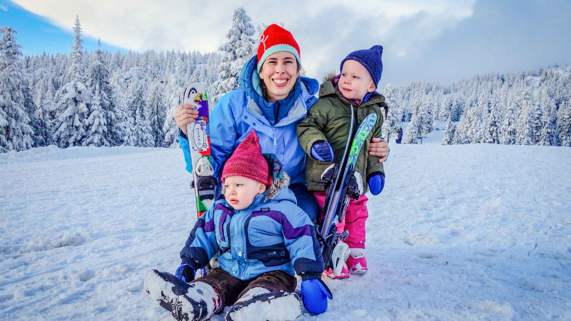 Katie Teed with her twins Colin and Addison on their first ski trip.