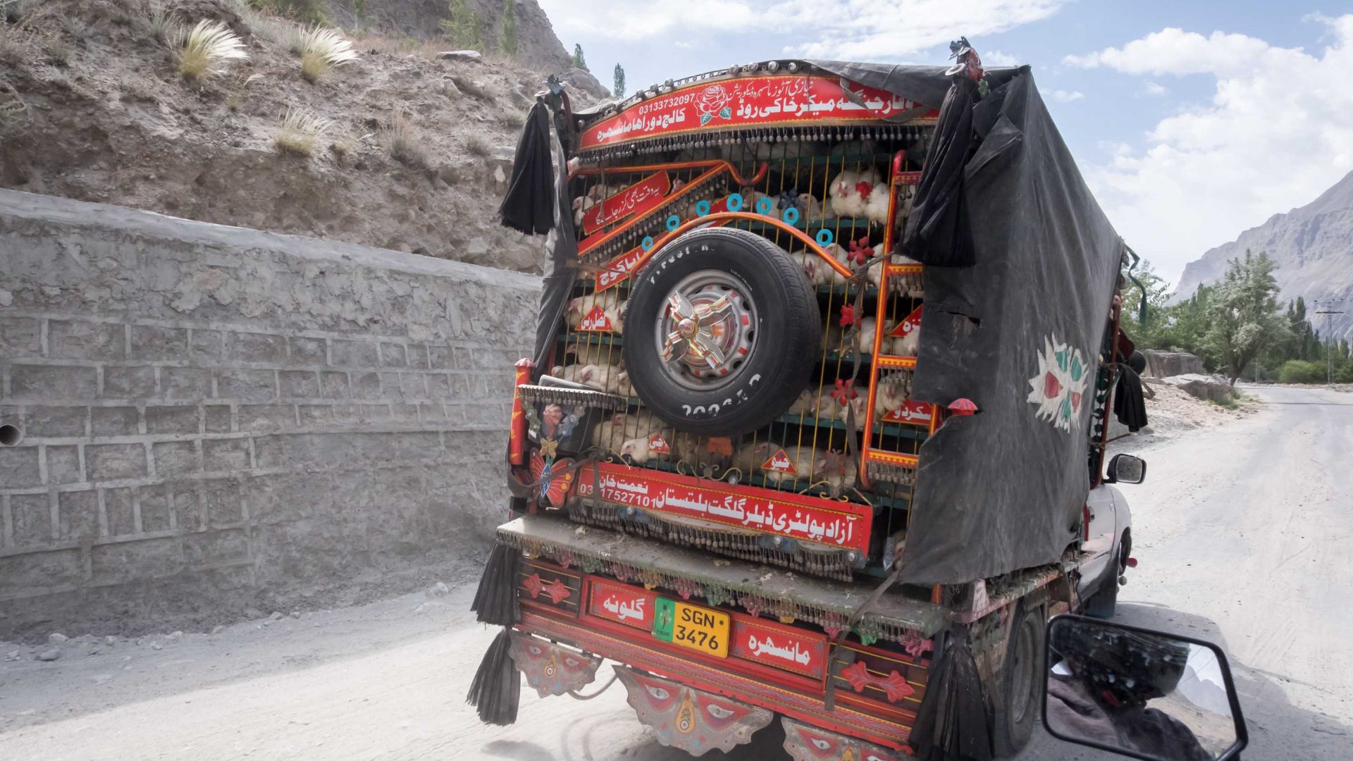 A 'meat wagon' filled with chickens, some dead and some alive, on the road in Gilgit-Baltistan, Pakistan.