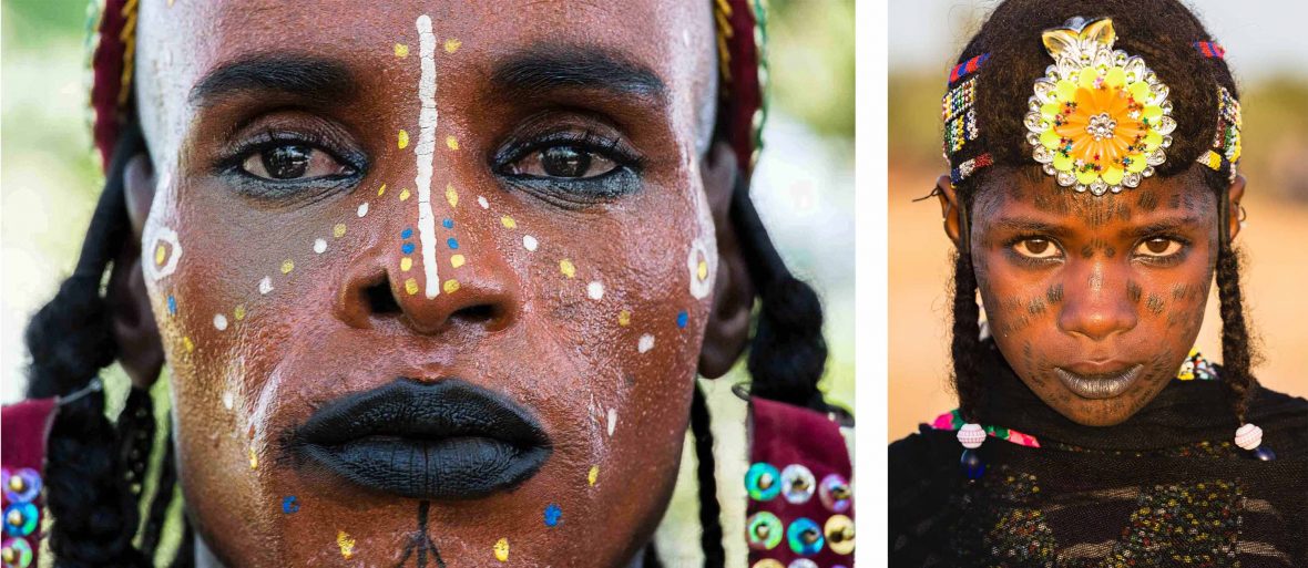 Left: A man shows off his make up; Right: a woman's face shows the tattoos that are a mark of her tribal affiliations.