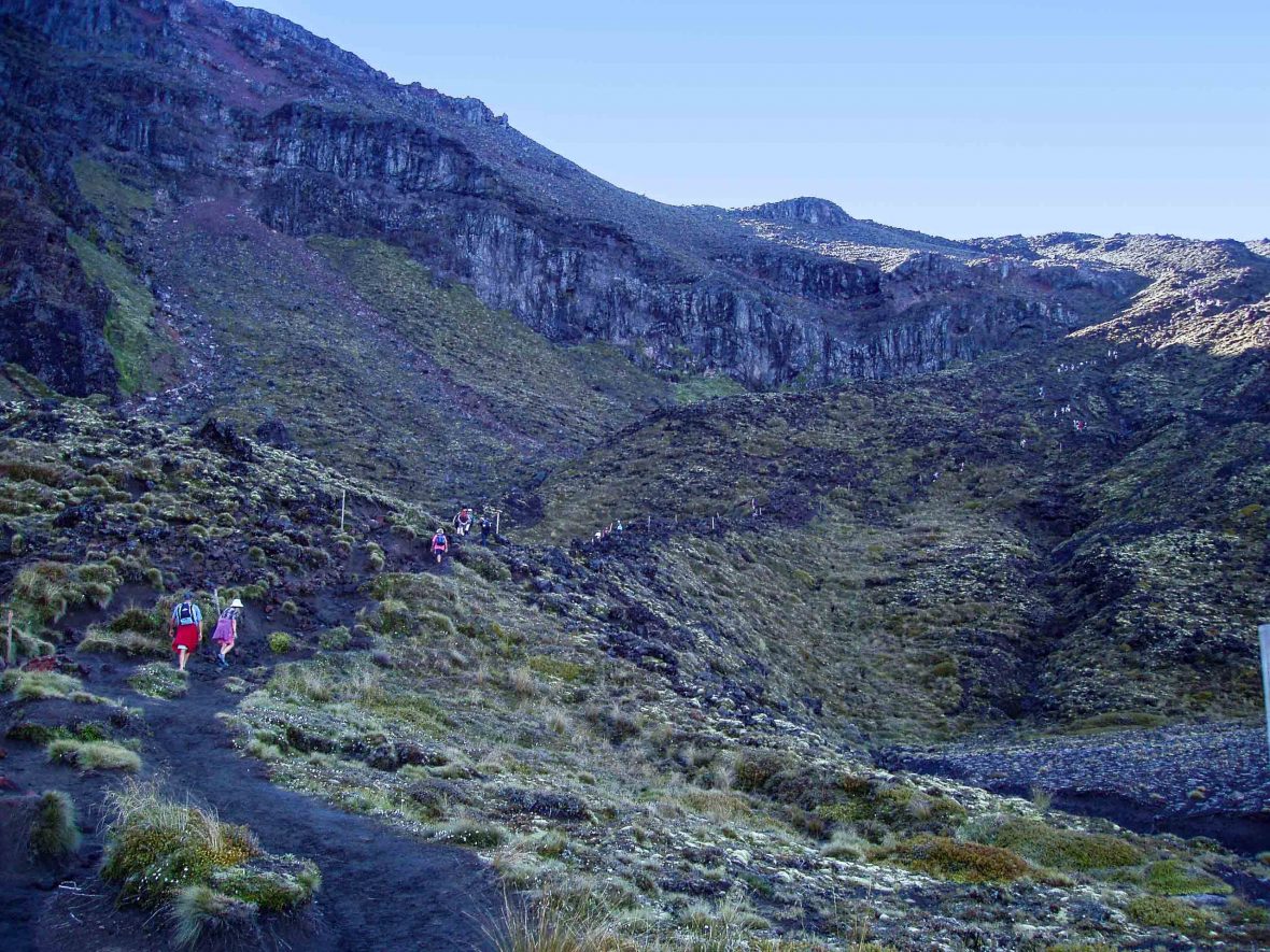 Hikers must tackle the much-feared 'Devil's Staircase' to hike the Tongariro Alpine Crossing, New Zealand.