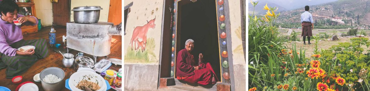 Top: A woman enjoys a meal at a homestay in Bhutan; Middle: A monk turns prayer beads over in their fingers at a temple in Bhutan; Right: A local from Bhutan looks out over the valley below.