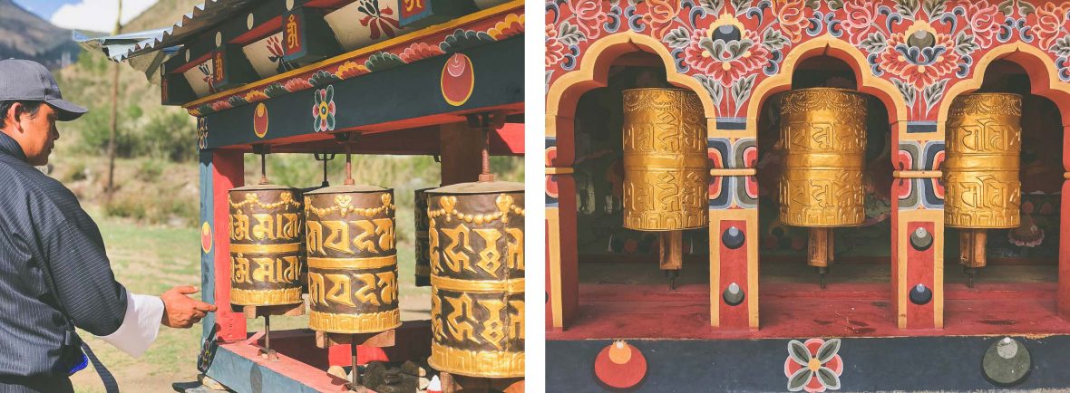 Locals spin the prayer wheels at the Memorial Stupa in Thimphu, Bhutan.