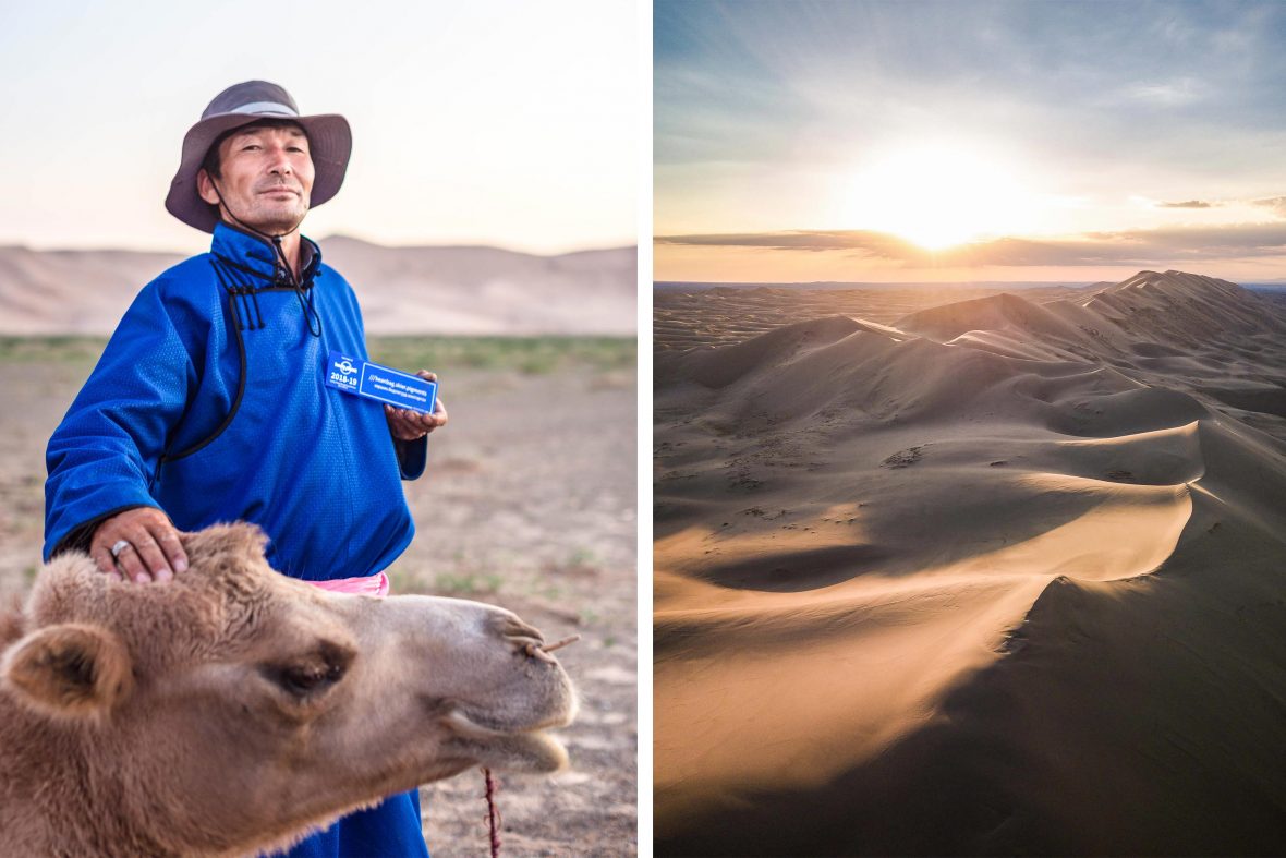 A Lonely Planet guide in Mongolia holds up his three-word address alongside a stunning Mongolian desert scene.