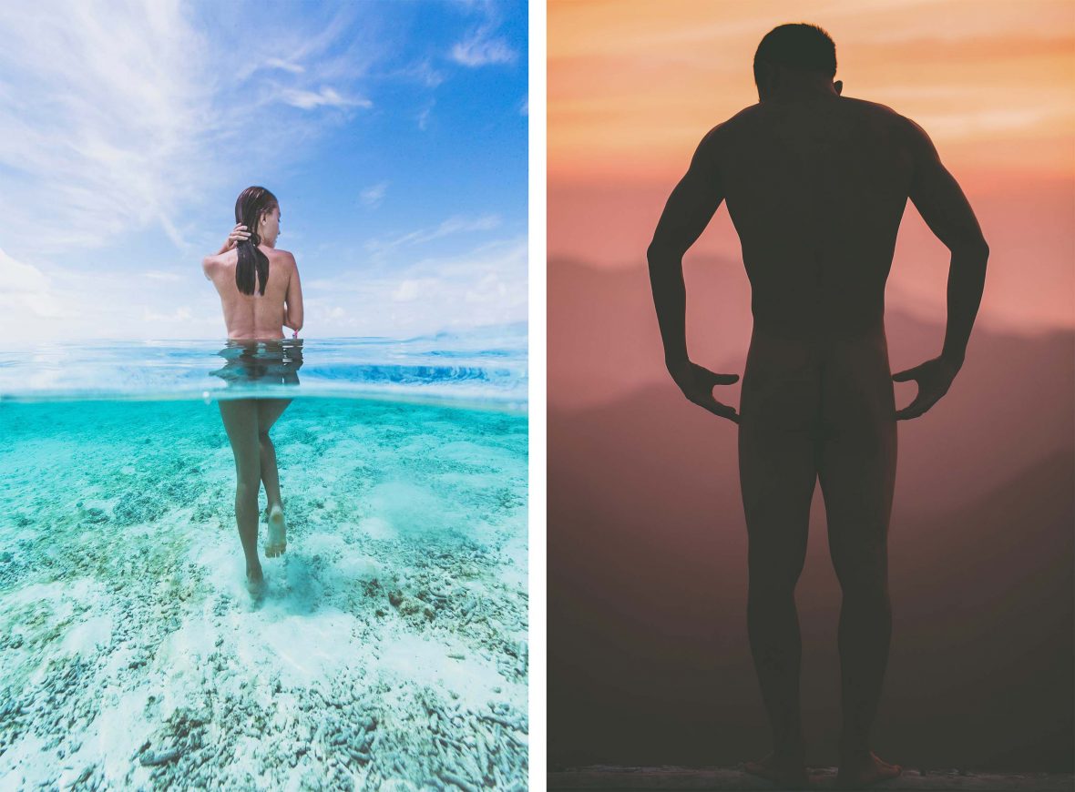 Left: A woman enjoys the pristine waters of the Maldives; Right: A man's naked silhouette against the mountains in China.