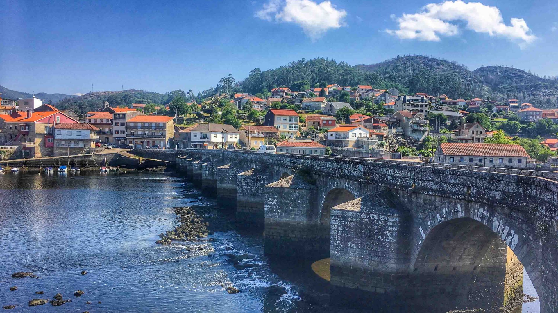 A Roman bridge in Ponte de Lima, Portugal, one of the larger towns that hikers pass through on the Camino Portugues.