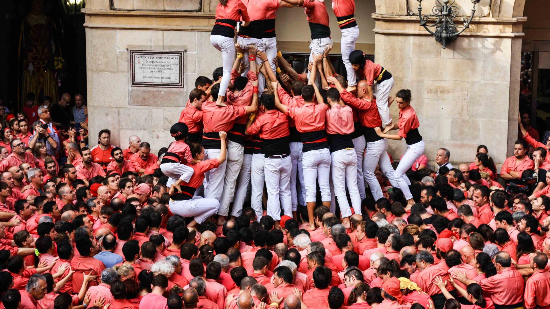 The Colla Joves team of castellers (human towers) in the tiny Catalan city of Valls.