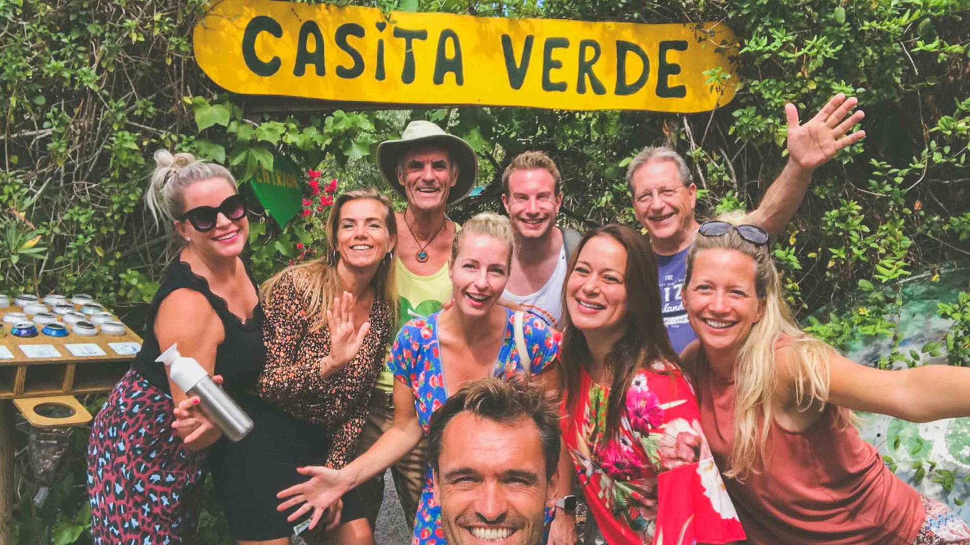 Volunteers at Casita Verde in Ibiza. Chris Dews, coordinator of the Green Heart Movement stands in the back row, wearing a hat.