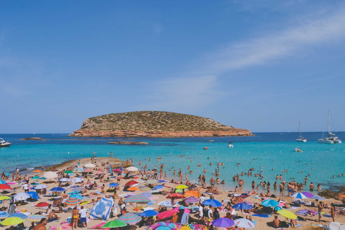 Platge do Compte (Compte Beach) in Ibiza becomes packed with tourists over summer.