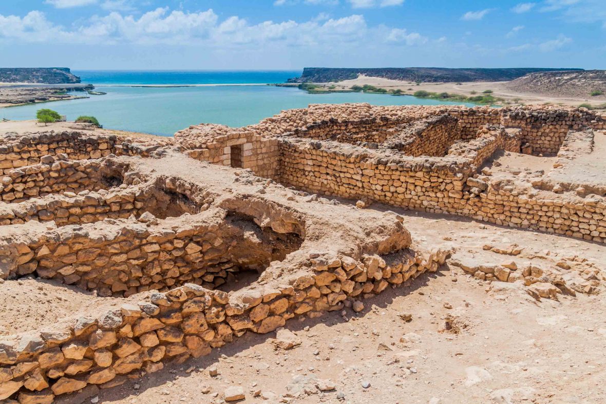 Sumhuram Archaeological Park contains ruins of the ancient town Khor Rori near Salalah, Oman.