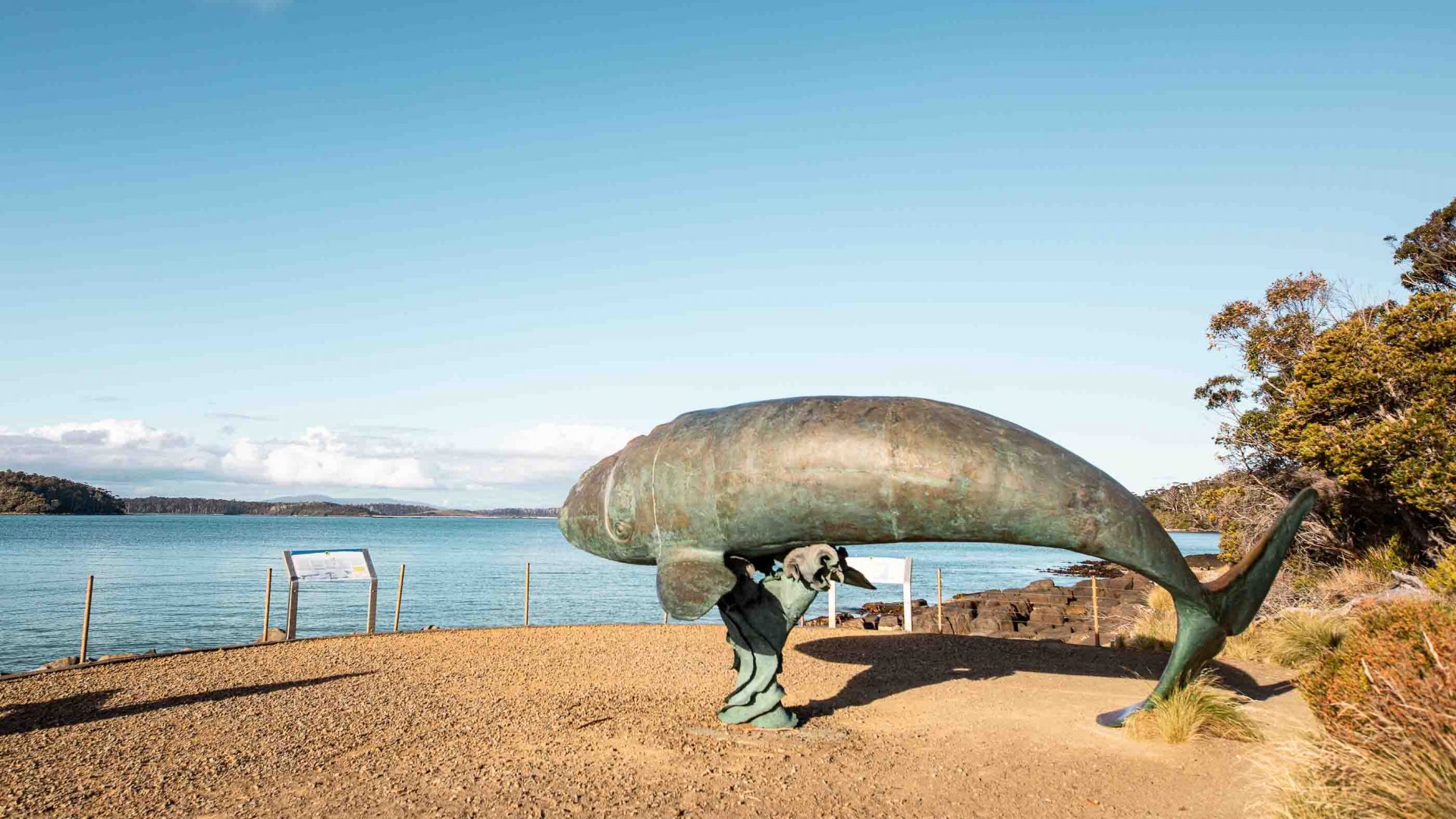 A whale monument by the bay.