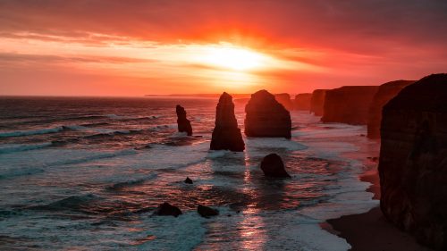 The tall rocks of the twelve apostles at dusk.