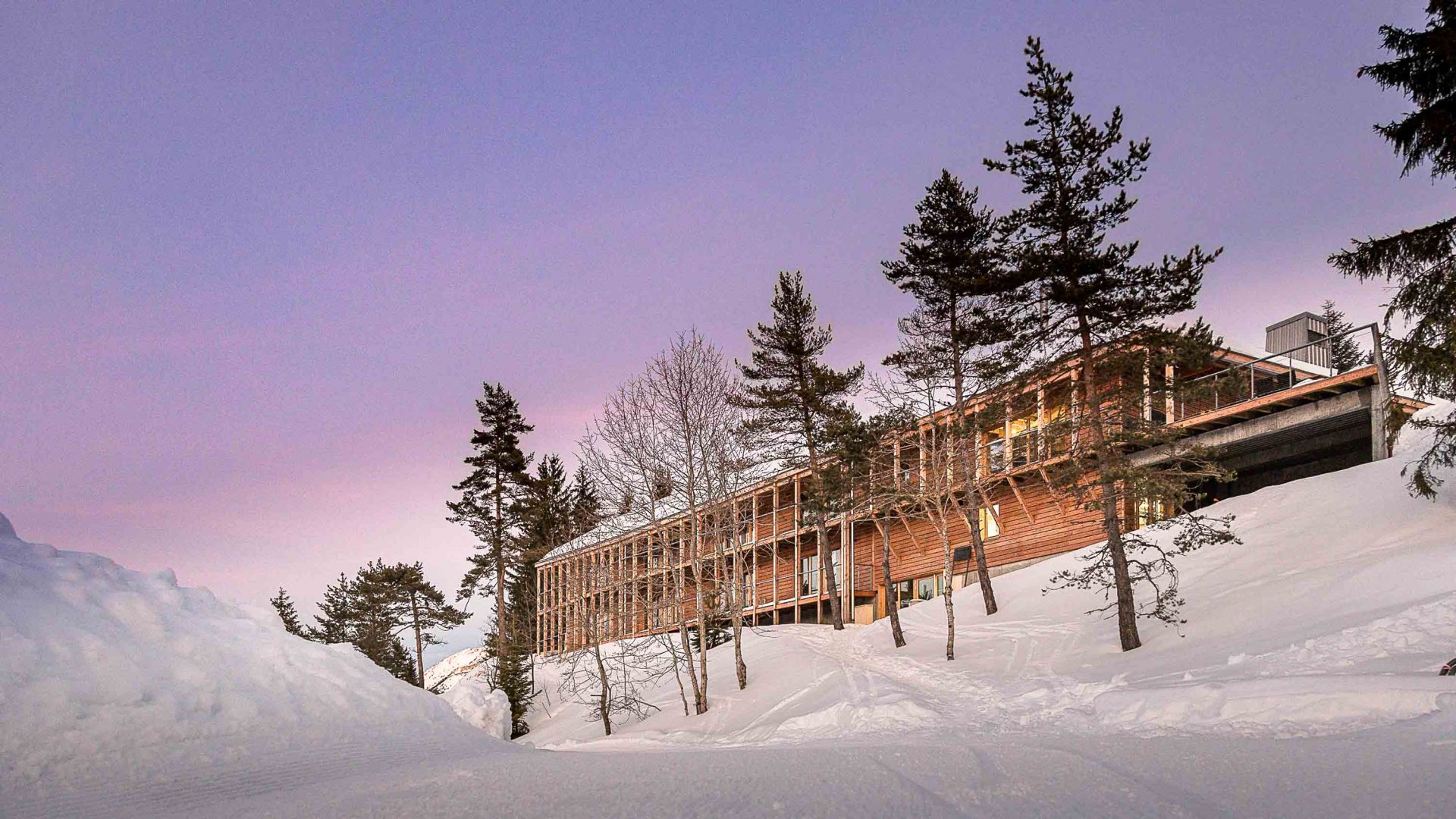 A hotel surrounded by snow and pine trees.
