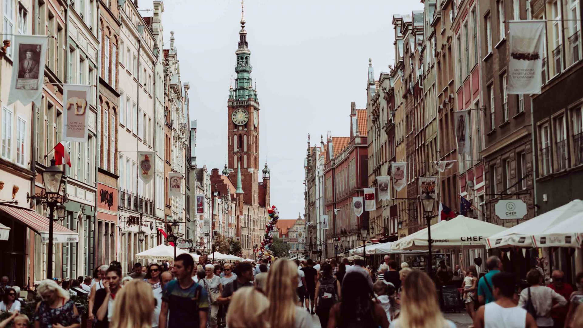 Tourists fill and old town in Poland.
