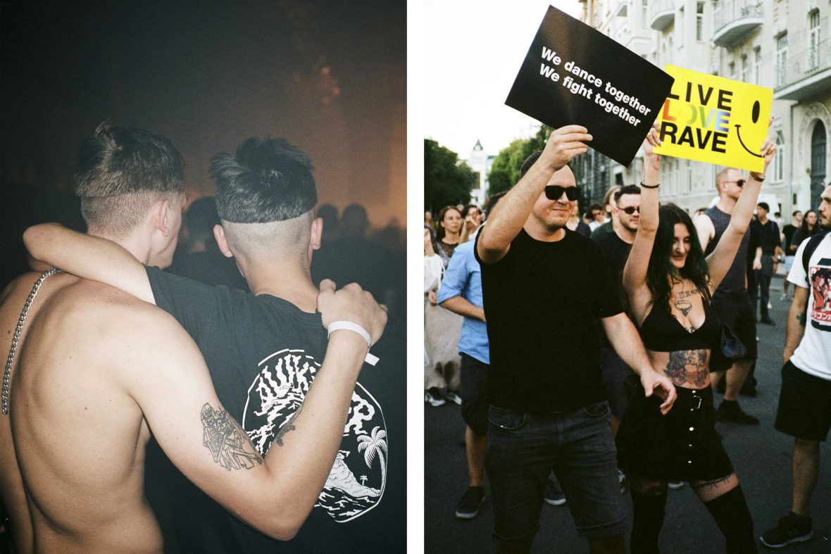 Left: Two men hold each other. Right: A man holds a sign during a protest that reads 'We dance together, we fight together'.