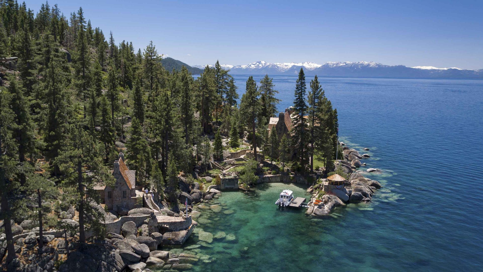 Looking town over the blue water of Lake Tahoe, framed by pine trees.