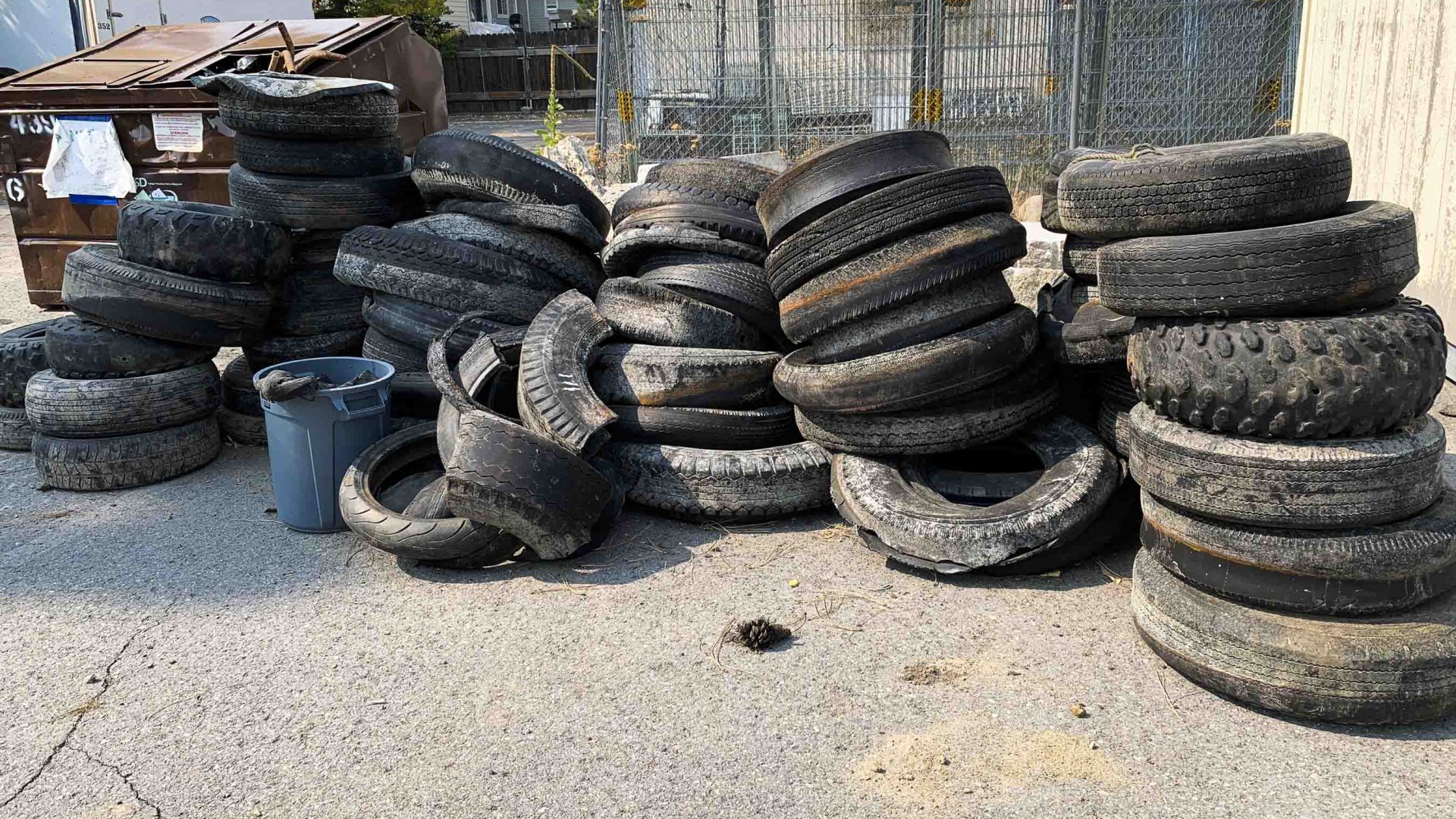 Piles of discarded car tires that have been retrieved from Lake Tahoe.