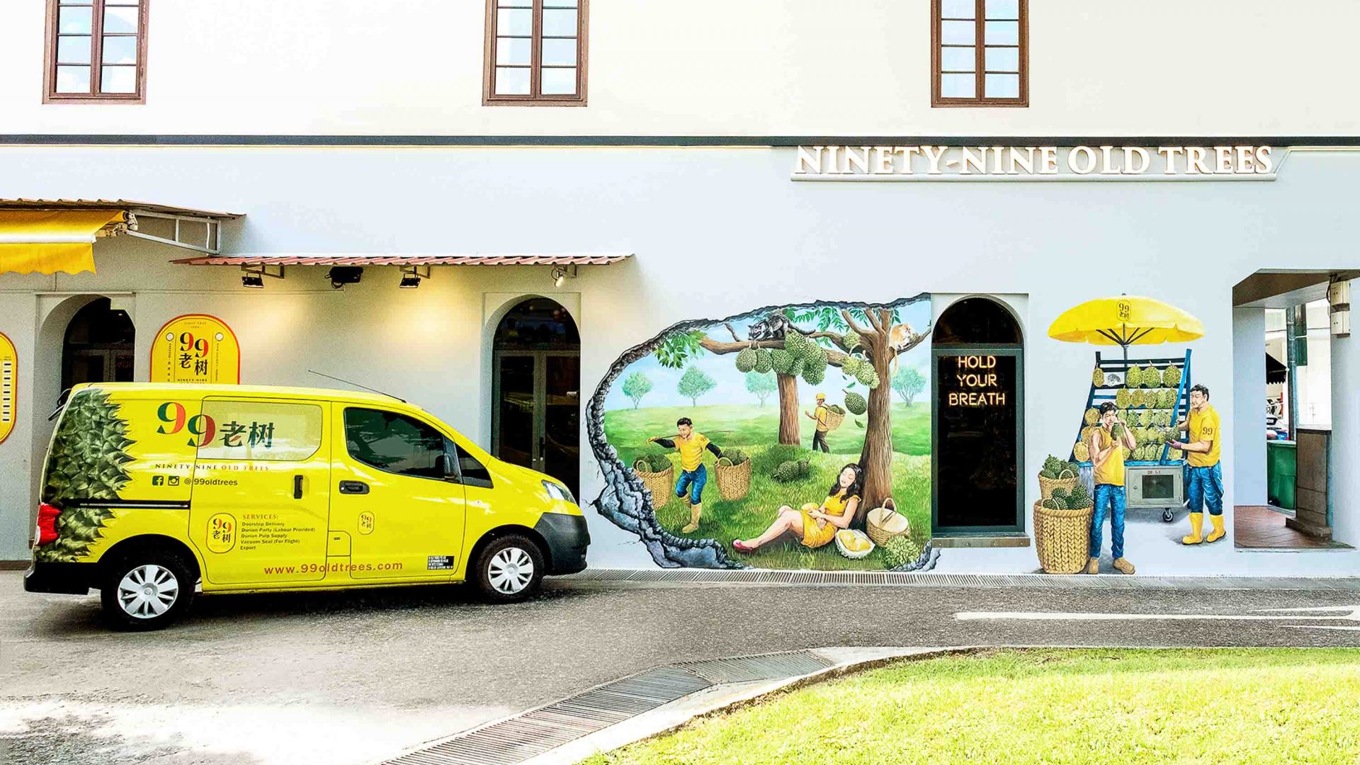 The mural covered exterior of Ninety nine Old Trees cafe.