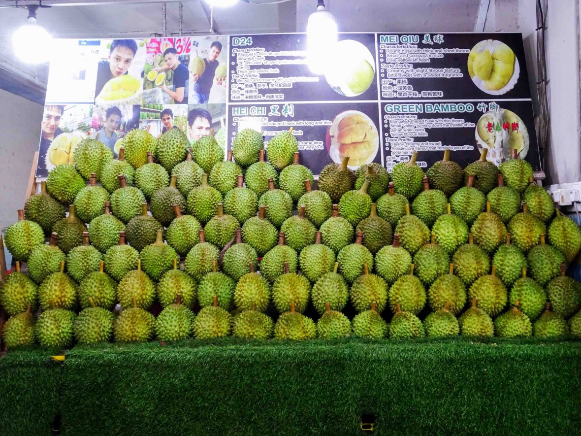 A display of fresh durians at a local store in Singapore.