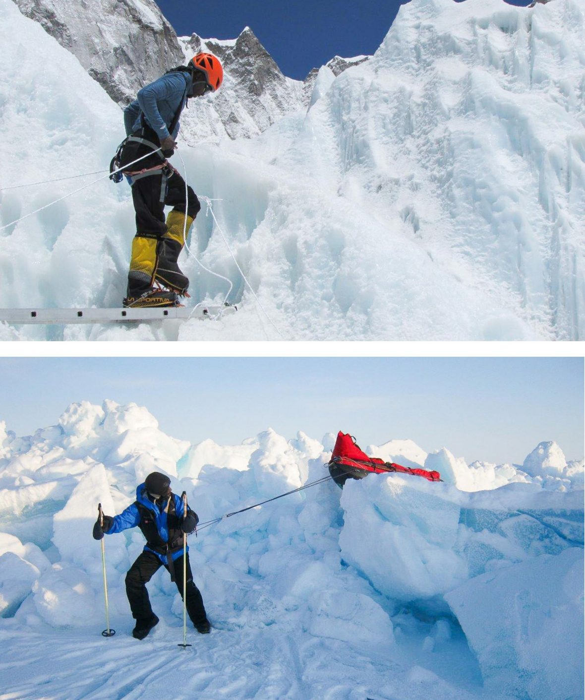 Two photos showing Sibusiso traversing snow in climbing gear.