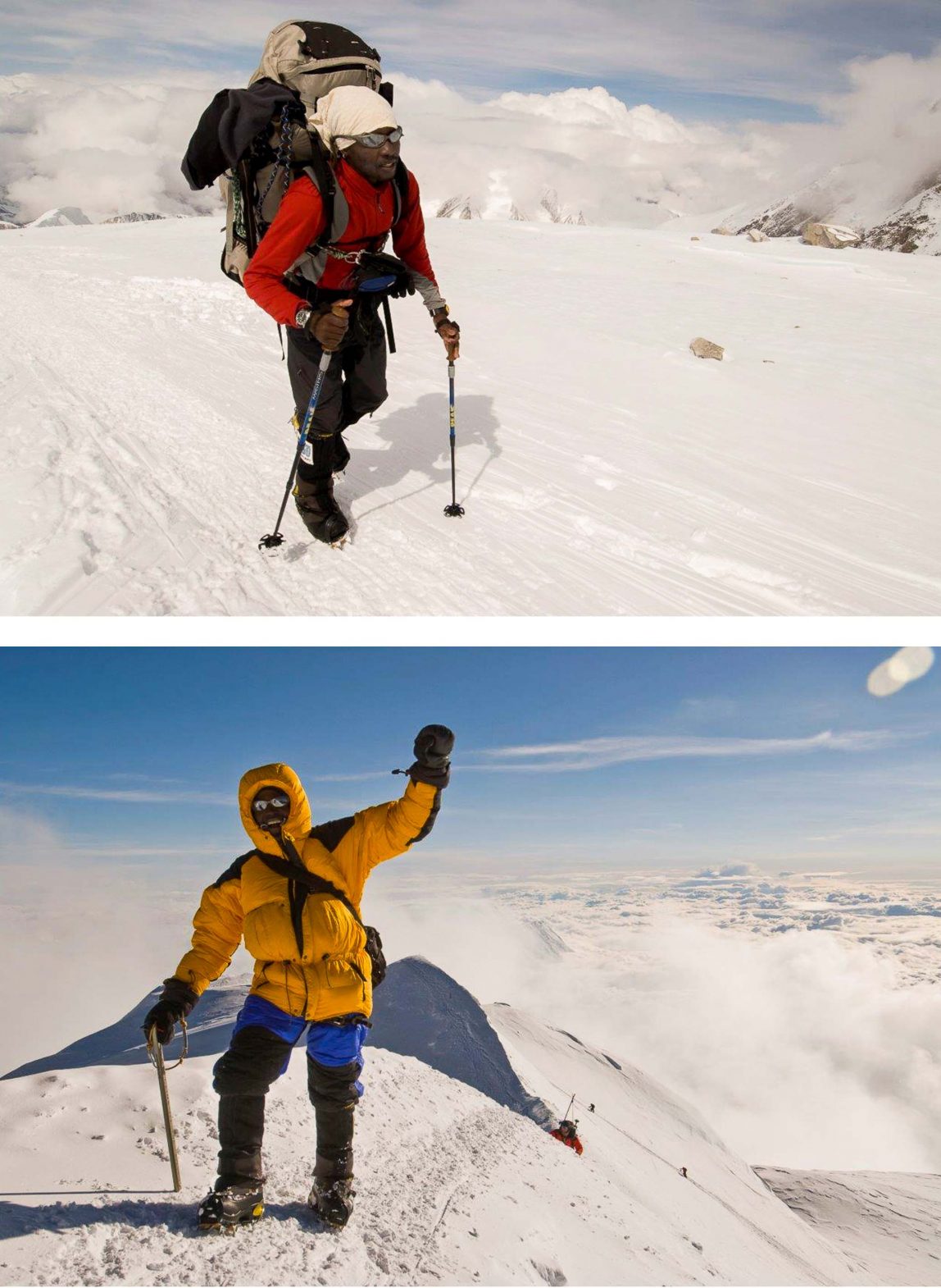 Two photos showing Sibusiso on Mount Denali. One he is walking, the other he is up the top with a hand raised in the air.